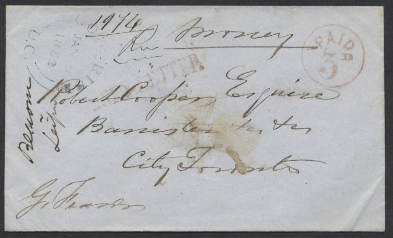 1852 Stampless Moneyletter Cover Goderich UC to Toronto Circled Paid 3d