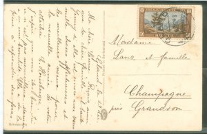 Switzerland B50 1926 Postcard Gland to Champagne front-water color Mt. Village & scripture (Galatians 2:20) in French, some foxi