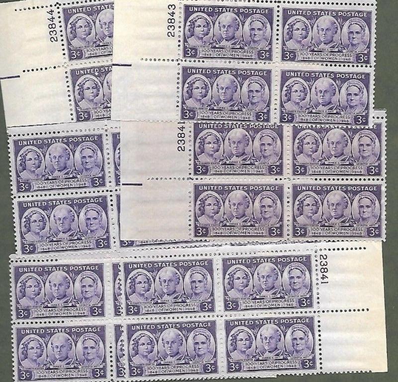 {BJ Stamps}  959   Progress of Women. 3 cent  25 Plate blocks.   Issued in 1948