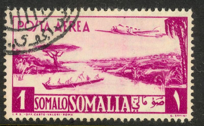 SOMALIA 1950-51 1s Lilac Rose Plane Over Canoe AIRMAIL Sc C22 VFU