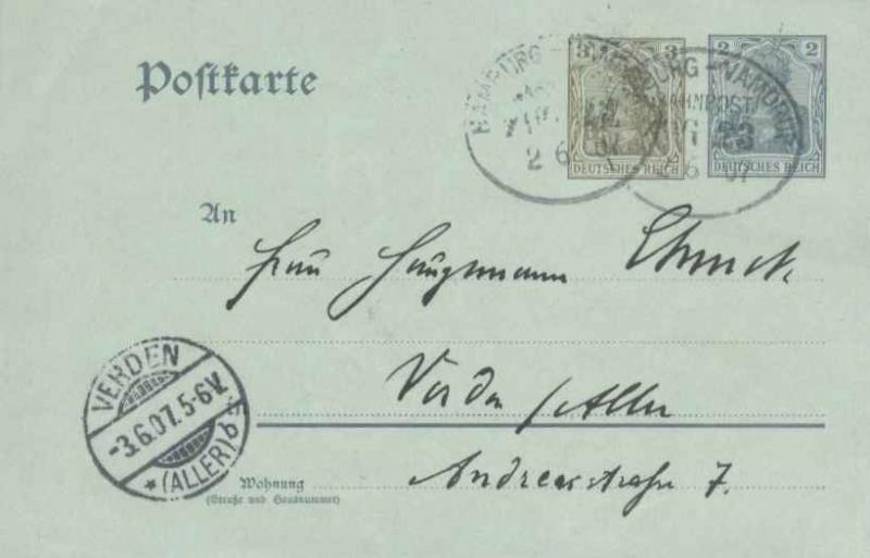 Germany 3pf and 2pf Germania Compound Postal Card 1907 Hamburg - Vamdrup Bahn...