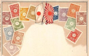 JAPAN STAMPS FLAGS ZIEHER POSTCARD (c. 1905)