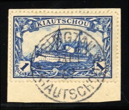German Colonies, Kiauchau #30 Cat$110, 1905 $1 blue, used on piece, signed Ri...