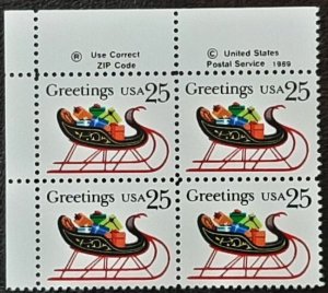 US Scott # 2428; 25c Christmas block of 4 from 1989; MNH, og; VF/XF centering