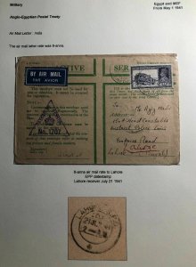 1941 Egypt Commonwealth Postal Treaty OAS Censored Cover To Lahore India