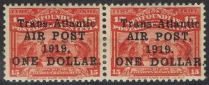 NEWFOUNDLAND 1919 TRANSATLANTIC AIRMAIL $1 ON 15C PAIR NO COMMA VARIETY