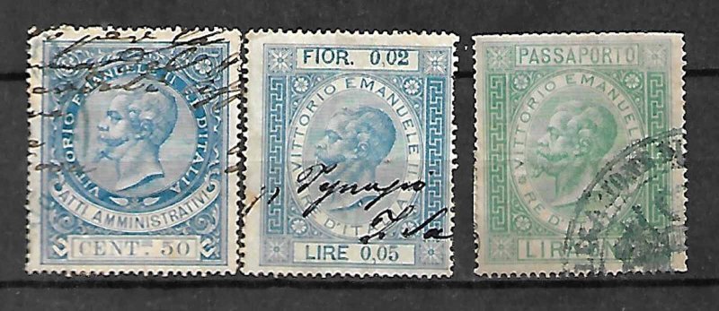 KINGDOM ITALY FISCAL REVENUE TAX 3 STAMPS c1866, KING VEII