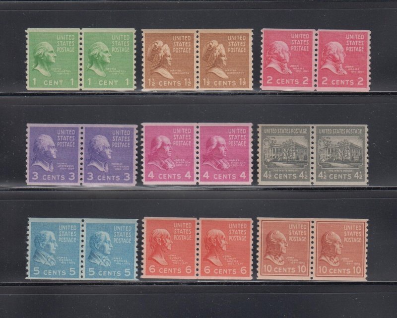 US, 839-847, COIL PAIRS, MINT NH VF, 1939 PRESIDENTIAL SERIES