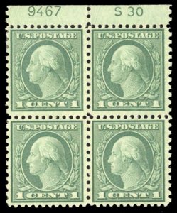 United States, 1910-30 #538 Cat$95, 1919 1c green, plate block of four with ...