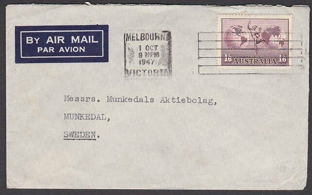 AUSTRALIA 1957 1/6d Hermes single franking airmail cover to Sweden..........P312