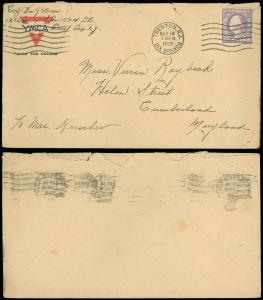 1919 Trenton NJ DIX BRANCH CDS, YMCA C/C, Long Letter, SC #502b Bklt Pane Single