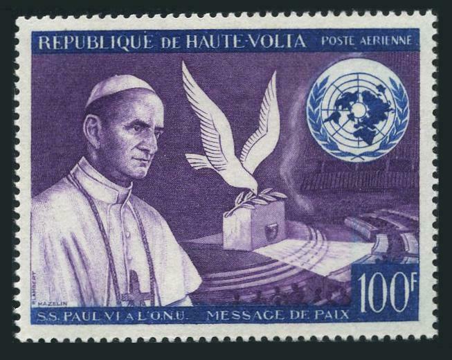 Burkina Faso C33,MNH.Michel 207. Pope Paul VI in UN,Peace dove,1966.