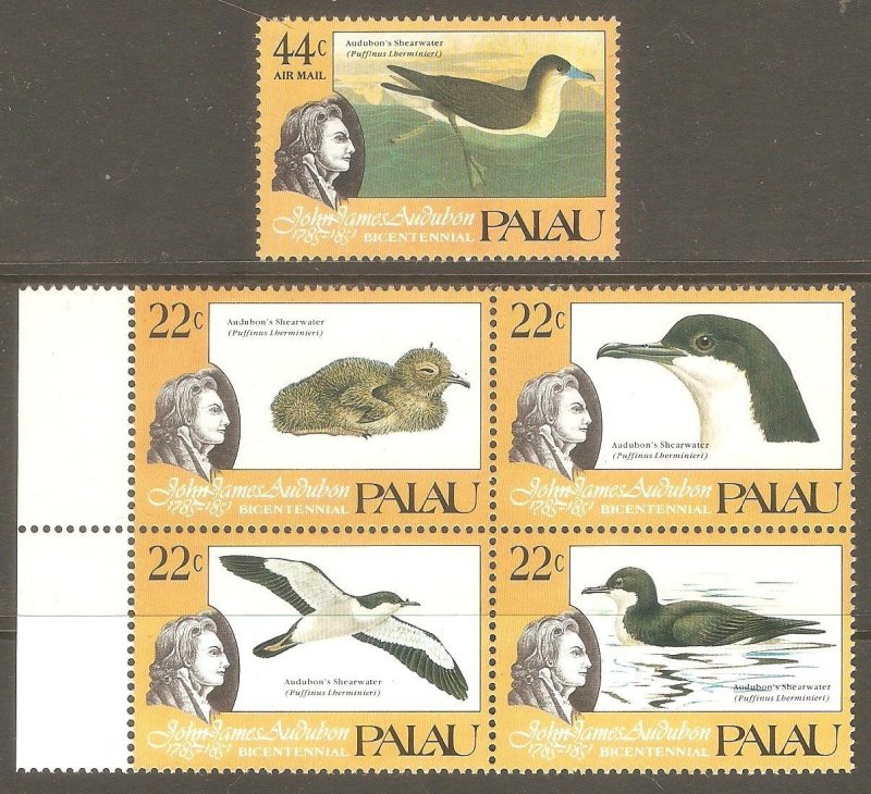 PALAU Sc# 66a C5 MNH FVF Set 1 + 4Block John James Audubon Birds