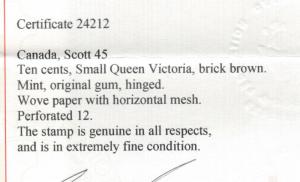 Canada #45 Extra Fine Mint Lightly Hinged **With Certificate**