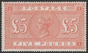 GREAT BRITAIN 1867 QV £5, white paper. SG 137 cat £12,500+. Very rare.