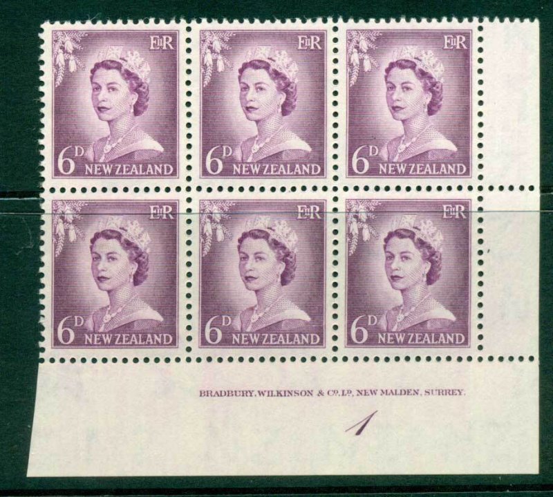 New Zealand 1955 QEII Redrawn 5d Mauve Plate 1 Block 6 MH/MUH Lot25591