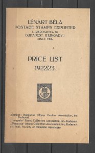 Lenart Bela  Stamp Dealer  Price List  1922/23  Hungary