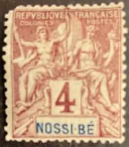Nossi-Be 34 (mhr, pulled corner) 4c nav. & commerce, claret on lav paper (1894)