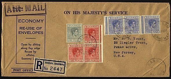 BAHAMAS 1951 Regstered cover Nassau to USA, nice franking................20078W