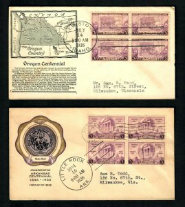 CSo 2 FDC 1936 Blocks of 4 Cachets # 782 Rice Ark. # 783 Anderson  Idaho