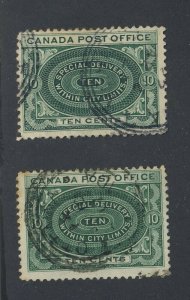 2x Canada Used Special Delivery Stamps E1-10c 1x F/VF 1x VF Guide Value = $25.00