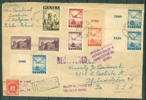 POLAND 1947 RARE REGISTERED AIR COVER with CUSTOMS DUE to USA