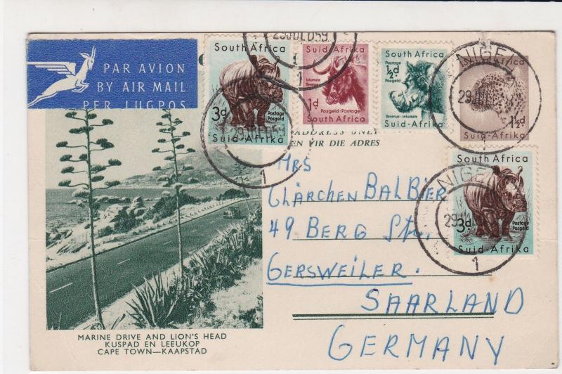 South Africa 1959 Marine Dr. Capetown Pic Airmail Multi Animal Stamps Card 29316
