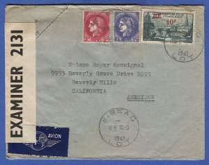 FRANCE 1941  Sc 413 10F on 20F St Malo on Airmail Bermuda Censored cover, CV $77