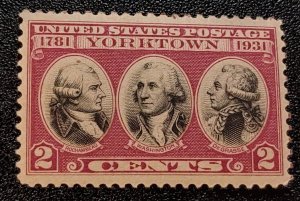 # 703b 2c Dark Lake & Black 1931 Yorktown Stamp, Mint NH Gem OG. SCV $750