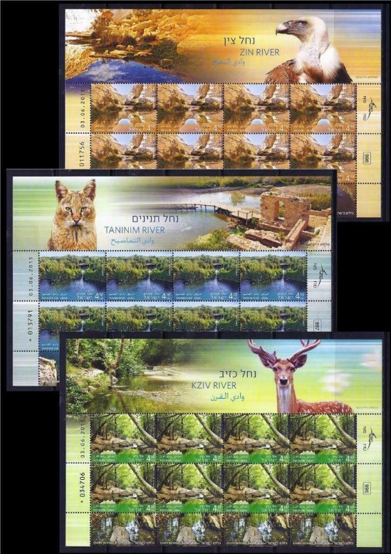 ISRAEL 2015 RIVERS IN ISRAEL 3 STAMP SHEETS 8 STAMPS KZIV TANINIM ZIN FAUNA MNH