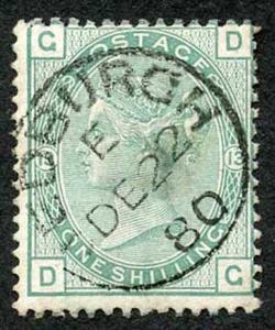 SG150 1/- Green Wmk Spray Plate 13 cancelled with a black CDS