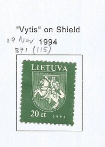 LITHUANIA - 1994 - Vytis on Shield -  Perf Single Stamp - M L H