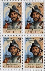 1992 Juan Rodriguez Cabrillo Block of 4 29c Postage Stamps, Sc#2704, MNH, OG