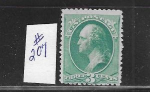 US #207 1881-82 WASHINGTON 3 CENTS (GREEN)- MINT HINGED