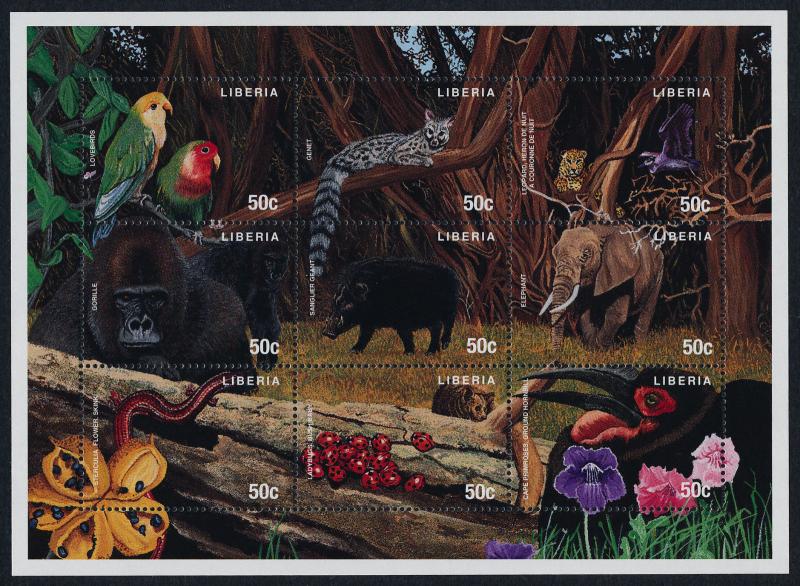 Liberia 1270 MNH Animals, Elephant, Gorilla, Snake, Flowers, Birds, Insects