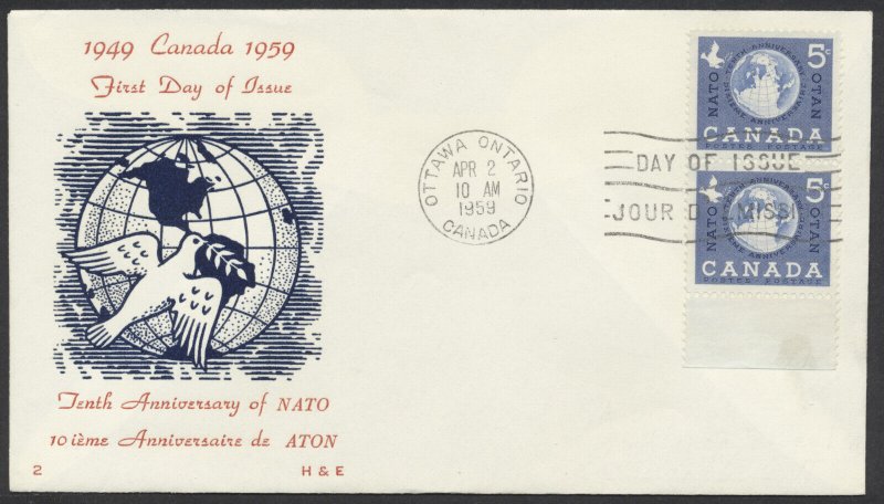 1959 #384 NATO 10th Anniversary FDC Pair H&E Cachet Ottawa