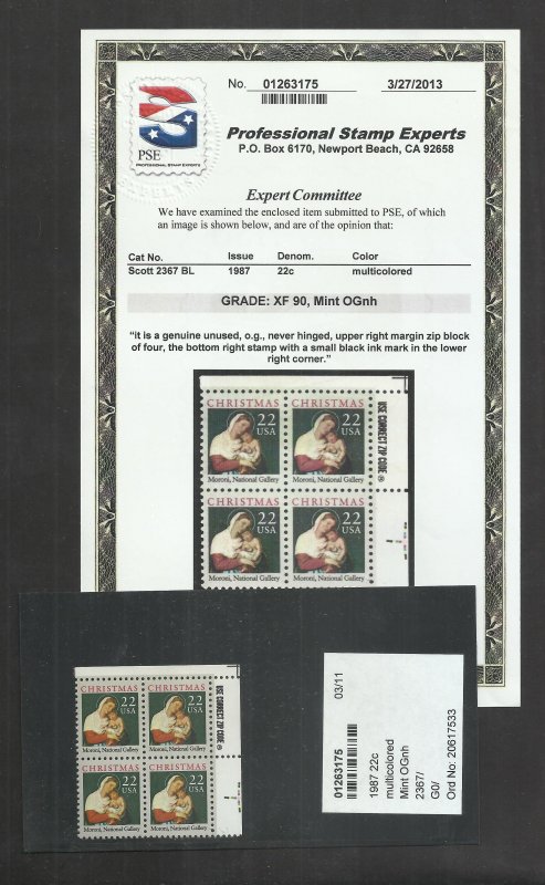 P.S.E. CERT GRADE 90 # 2367 MINT NEVER HINGED ( MNH ) ZIP BLOCK MORONI MADONNA