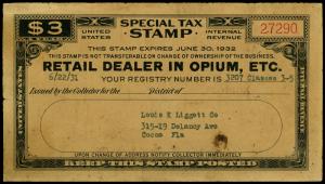 U.S. REV. STAX -RET. DEALER IN OPIUM FYE 1932  Used (ID # 61947)- L