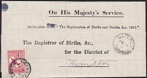 TASMANIA 1914 Birth notice OSTERLY to Hamilton with T perfin 1d Roo.........5687