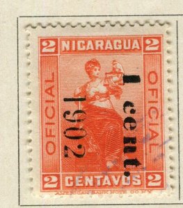 NICARAGUA; 1902 early Official Justitia issue fine used 1/2c. value