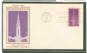 US 852 1939 3c Golden Gate International Exposition (Tower of the Sun) single on an unaddressed FDC with a Grandy cachet