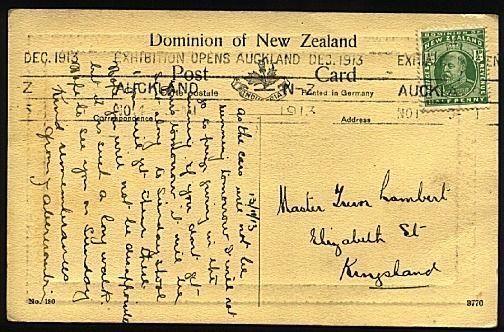 NEW ZEALAND 1913 postcard EXHIBITION OPENS machine slogan cancel........21620