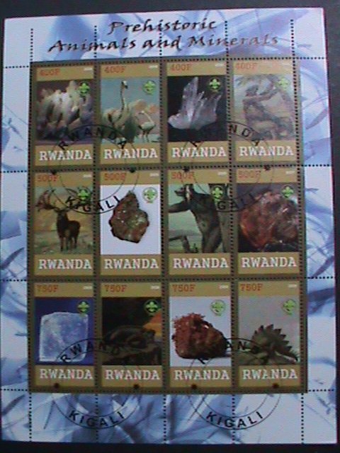 RWANDA-2009- WORLD FAMOUS MINERIALS & PREHISTORY ANIMALS CTO SHEET VERY FINE