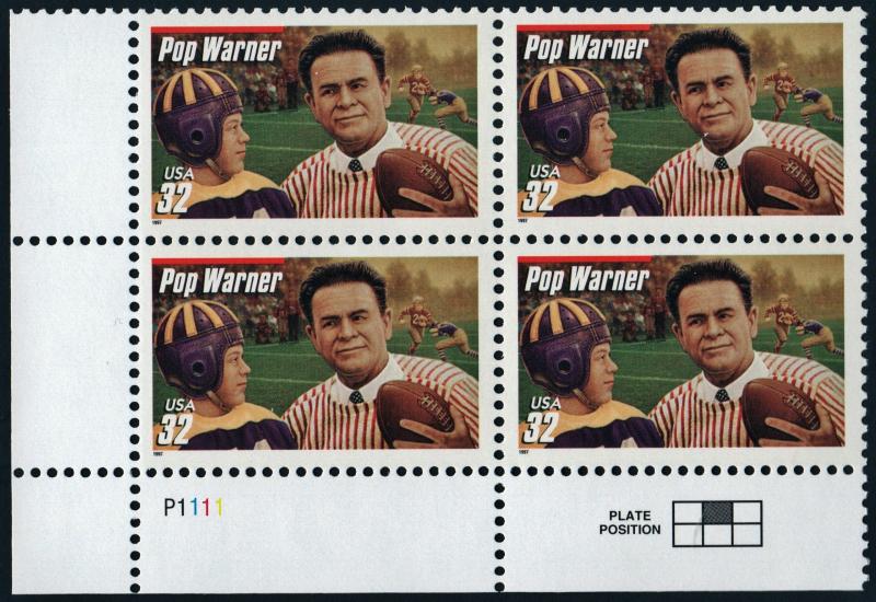 SC#3149 32¢ Football Coaches: Pop Warner Plate Block (1997) MNH