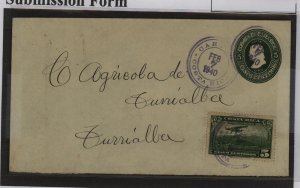 Costa Rica  1940 5c env. + 5c stamps from Cartago, Turrialba arrival