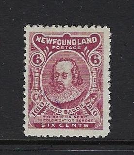 NEWFOUNDLAND SCOTT #92A 1910  GUY ISSUE 6C TYPE II (COLONIZATION)  - MINT HINGED