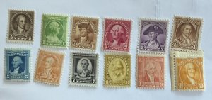 US 1932 Washington Bicentennial 12 stamps #704-15 w/o gum  unused