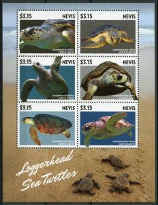 Nevis Reptiles Stamps 2015 MNH Loggerhead Sea Turtles Turtle Fauna 6v M/S