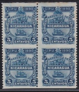 NICARAGUA 1890 5c block IMPERF BETWEEN unused..............................A5138