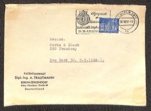 GERMANY 9N131 STAMP MARKS & CLERK BERLIN TO NY OLYMPICS CANCEL COVER 1957